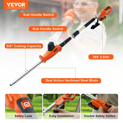 US Local VEVOR 20V Cordless Hedge Trimmer, 18 Inch Double-edged Steel Blade, Pole Hedge Trimmer Kit 20V Battery, Fast Charger Included, Telescoping Design For High Branches