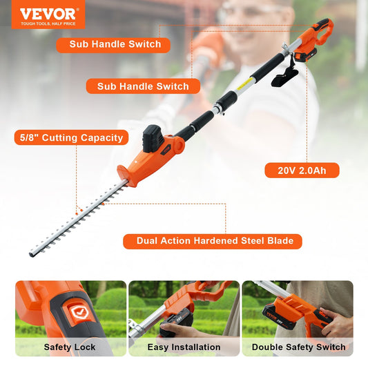US Local VEVOR 20V Cordless Hedge Trimmer, 18 Inch Double-edged Steel Blade, Pole Hedge Trimmer Kit 20V Battery, Fast Charger Included, Telescoping Design For High Branches