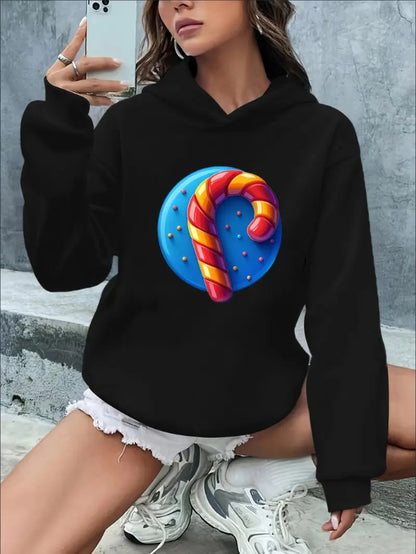 Women'S Casual Rib-Knit Hoodie With Letter & Graphic Print, Polyester Knit Fabric, Drawstring Hooded Sweatshirt , Festive Christmas & Halloween Patterns, Slogan & Cartoon Design