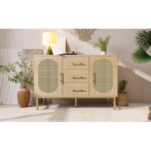 UK Local Rattan Sideboard Storage Cabinet With 2 Doors 3 Drawers, Storage Cabinet For Living Room, Bedroom, And Hallway, Metal Handles, Adjustable Shelves, Anti-Tip, 120 X 40 X 74 Cm, Oak