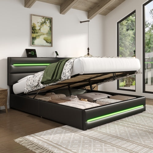 UK Local 4ft6 Double Upholstered Bed Frame With Hydraulic Storage, PU Ottoman Bed With LED Lighting And Charging Station, LED Adjustable Headboard With USB And Type - C Ports, Black