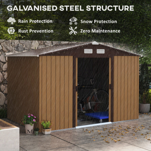 UK Local Outsunny 9 X 6ft Metal Garden Shed, Outdoor Storage Tool House With Ventilation Slots, Foundation Kit And Lockable Double Doors, Light Brown