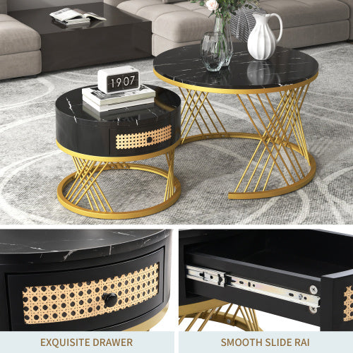 UK Local 2 In 1 Round Coffee Table Made Of MDF With Marble Grain Veneer Top, Rattan Drawers And Solid Wood Handles. Gold Coloured Iron Legs. 70x70x45.5  50x50x38.5cm