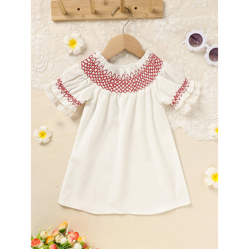 US Local Infant Baby Girl Valentines Day Dress Lace Short Sleeve Round Neck White With Red Embroidery Party Dress