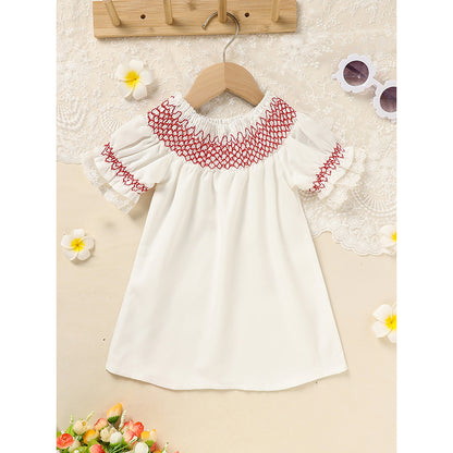 US Local Infant Baby Girl Valentines Day Dress Lace Short Sleeve Round Neck White With Red Embroidery Party Dress