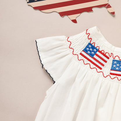 US Local Baby Girl 4th Of July Bubble Romper, Smocked Fly Sleeve Bodysuit With American Flag Embroidery