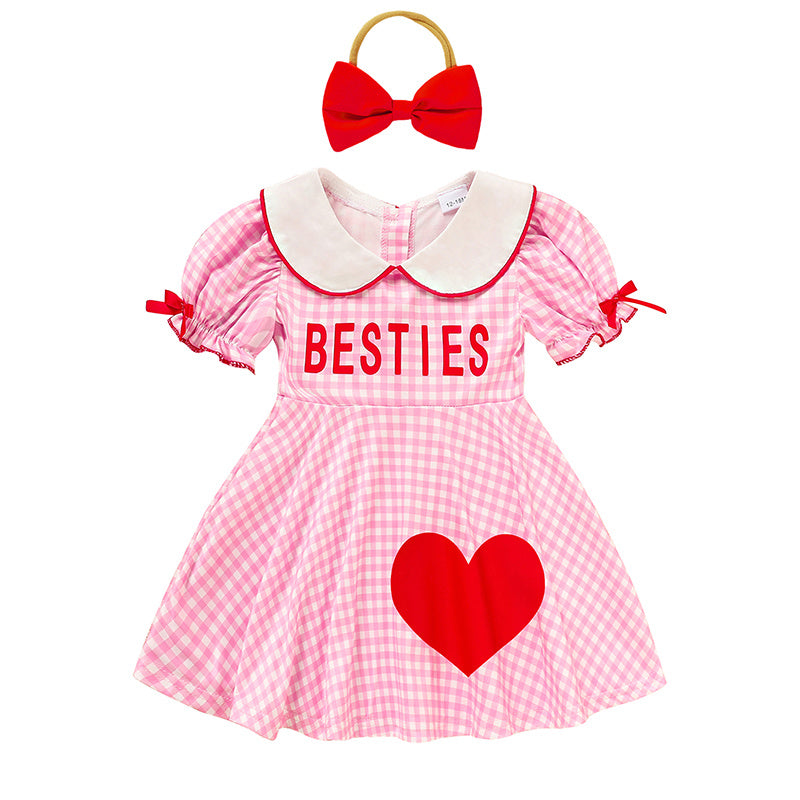 US Local Sweet Baby Toddler Girl's Short Sleeve Letter Heart Print Doll Collar Dress With Matching Headband