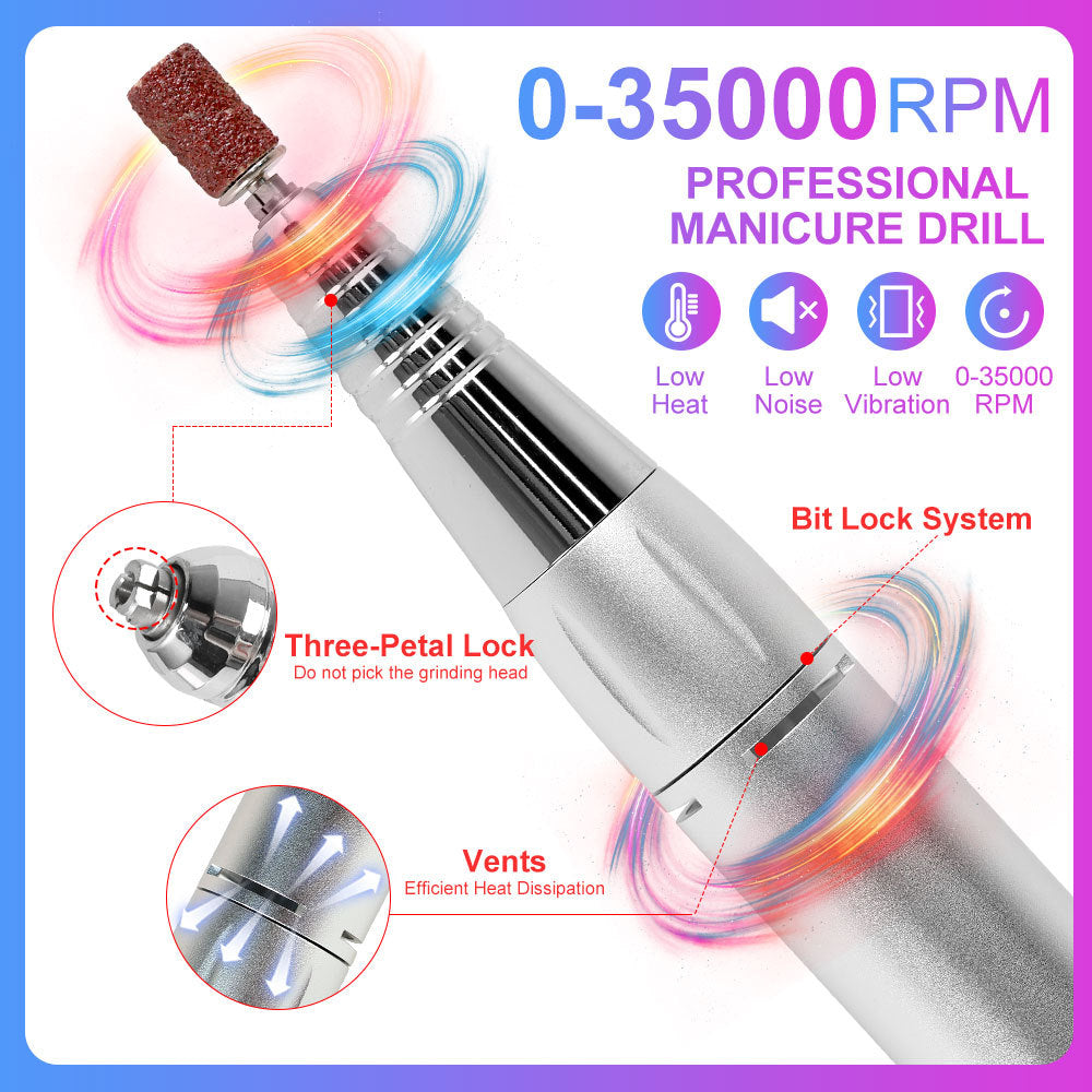 US Local Professional Electric Nail Drill, 45000 RPM Cordless Rechargeable E-File Machine, With 12 Bits, Sanding Bands, LCD Display For Acrylic Gel Nails