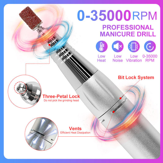 US Local Professional Electric Nail Drill, 45000 RPM Cordless Rechargeable E-File Machine, With 12 Bits, Sanding Bands, LCD Display For Acrylic Gel Nails