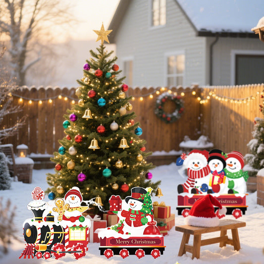 US Local 4 Pack Christmas Yard Signs With Plastic Stakes Xmas Train Snowman Christmas Tree Gift Lawn Signs For Yard Fence Garden Lawn Xmas Holiday Outside Decoration Supplies