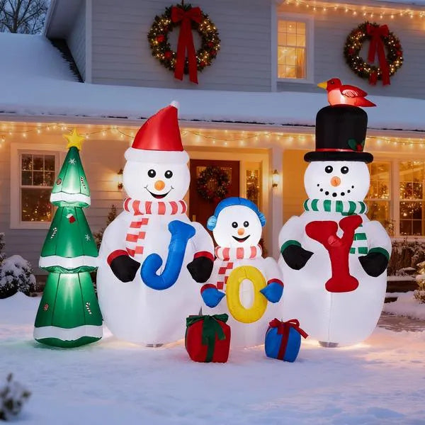 US Local 8FT Lighted Christmas Inflatable Decoration, Inflatable Snowman Family With JOY And Xmas Tree, Funny Blow Up Yard Decorations With Built-in LED Lights For Holiday Party Front Yard Lawn Garden Decor