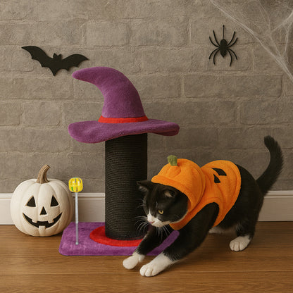 US Local Wizard Hat Cat Scratching Post With Spring Ball Toy For Indoor Cats, Halloween Spooky Cat Scratcher, Purple