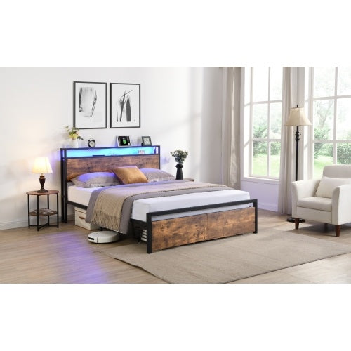 US Local Queen Size Bed Frame With Storage Headboard And 2 Drawers, LED Lights Bed With Charging Station