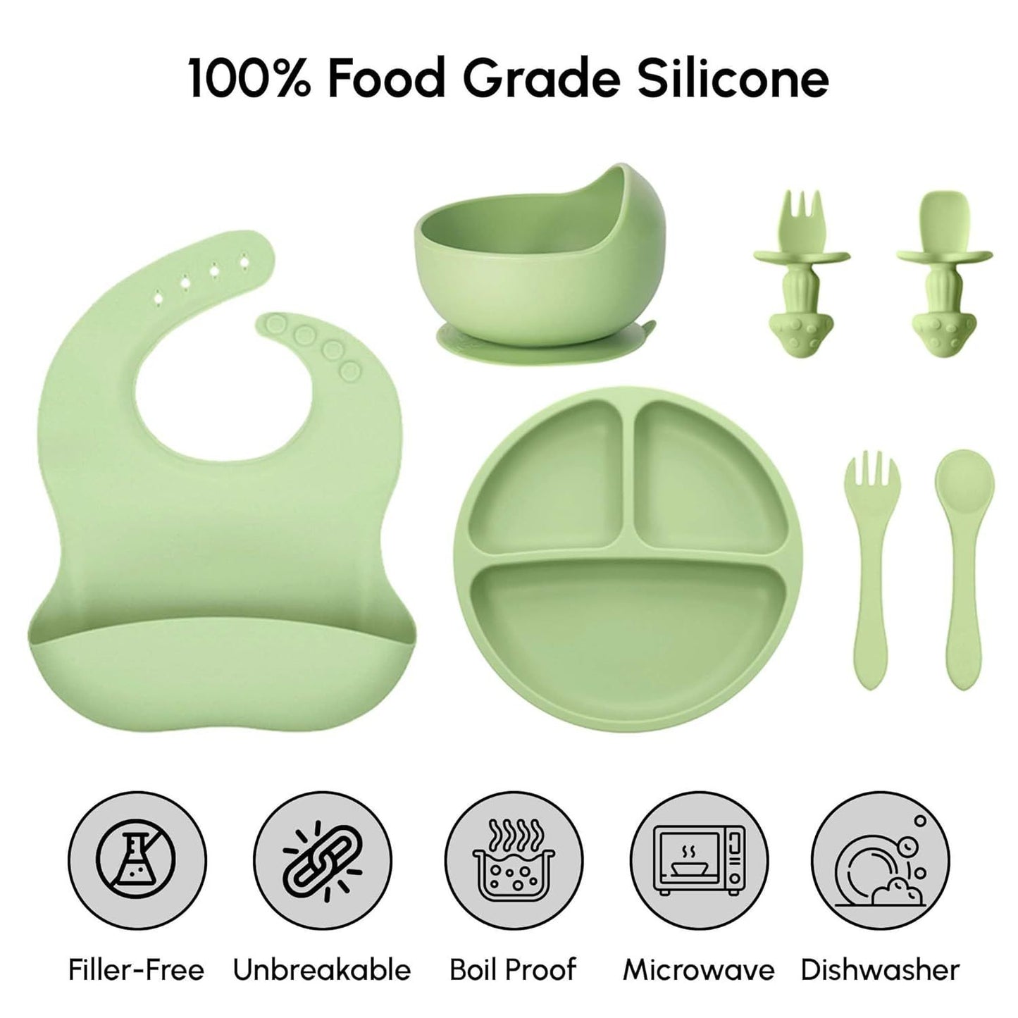 US Local SiIicone Baby Feeding Set With Suction, 10 Pcs Baby Led Weaning Supplies With Suction Bowl Divided Plate Adjustable Soft Bib Spoon Fork Snack Cup With Lid And Other Utensils, Green