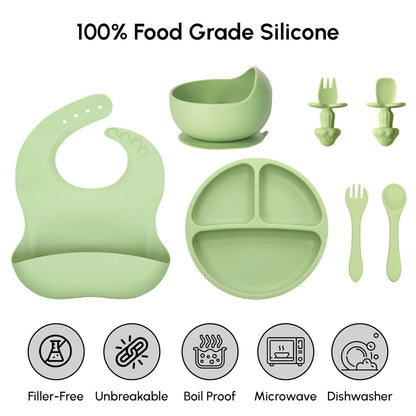 US Local SiIicone Baby Feeding Set With Suction, 10 Pcs Baby Led Weaning Supplies With Suction Bowl Divided Plate Adjustable Soft Bib Spoon Fork Snack Cup With Lid And Other Utensils, Green