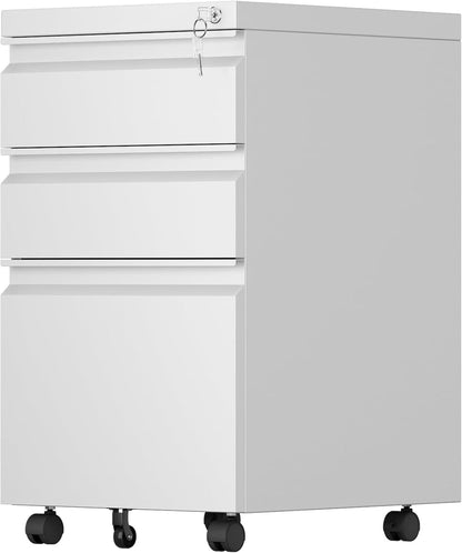 US Local 3 Drawer Mobile File Cabinet With Lock, Under Desk Metal Filing Cabinet For Office,Home,A4 Legal Letter Size, Fully Assembled White