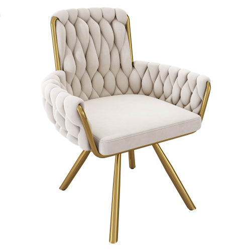 UK Local Velvet Dining Chair, Armchair, Single Luxurious Living Room And Bedroom Swivel Chair, Leisure Swivel Chair With Four Metal Support Legs, Beige