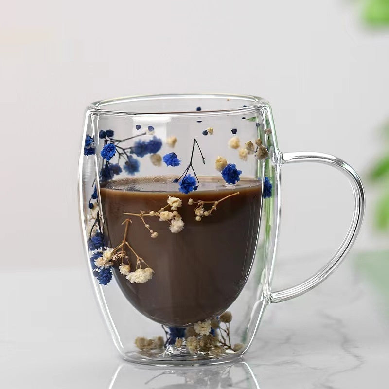 Real Flower Double Layer Glass Cup Good-looking Starry Sky