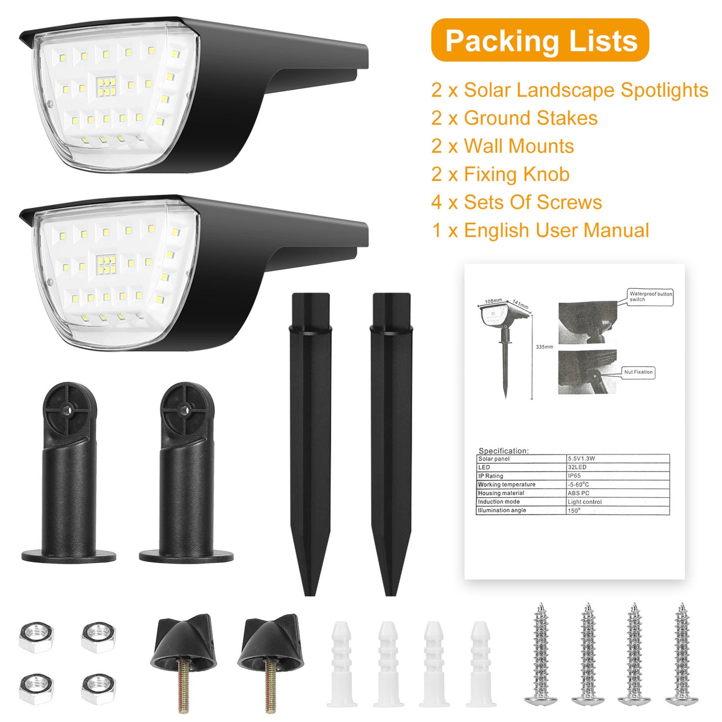 2Pcs 32 LEDs Solar Landscape Spotlights IP65 Waterproof With 3 Modes For Yard Garden Driveway Porch Walkway Pool Patio