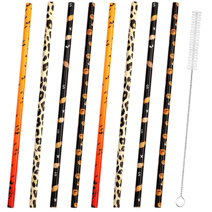US Local 40 Pack Of 9 Inch BPA-Free Halloween Reusable Straws With Colorful Stripe Print Hard Straws For Mason Jars, Mason Glasses, Home Or Party Use, Comes With A Cleaning Brush