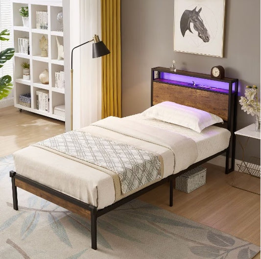 US Local Twin Size Metal Platform Bed Frame With Wooden Headboard And Footboard With USB LINER