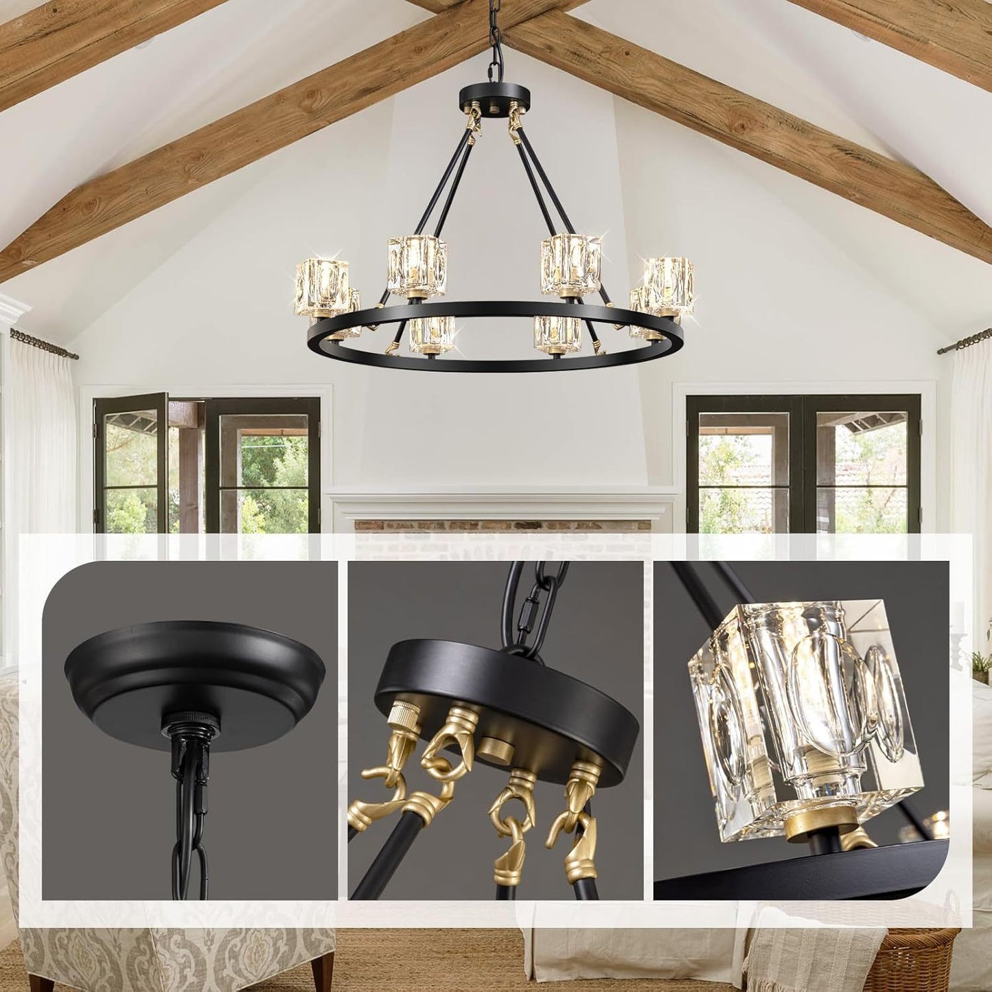 US Local Black Wagon Wheel Chandelier, 8-Light Farmhouse Crystal Chandeleirs With Adjustable Height,Ceiling Hanging Light Fixture Pendant Lights For Living Room,Bedroom,Kitchen Island,Dining Room,Bedroom