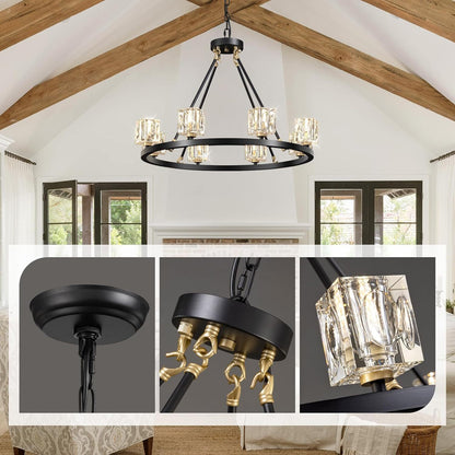 US Local Black Wagon Wheel Chandelier, 8-Light Farmhouse Crystal Chandeleirs With Adjustable Height,Ceiling Hanging Light Fixture Pendant Lights For Living Room,Bedroom,Kitchen Island,Dining Room,Bedroom