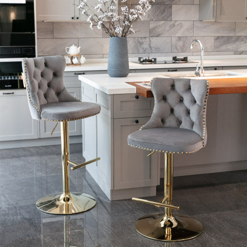US Local Golden Swivel Velvet Barstools Adjusatble Seat Height From 25-33 Inch Gray,Set Of 2