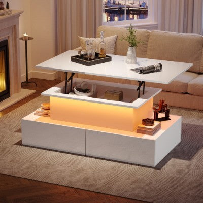 UK Local LED High Gloss Coffee Table With 4 Drawers, Lift Top Coffee Table, Wood Lifting Table Tea With Storage,Rectangular Coffee Table With Storage, 90 X 55 X 42.5 Cm, White
