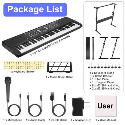US Local 3 Types Options -- 1Pc 61 Keys Digital Music Keyboard Electric Piano Electronic Musical Instrument Kids Learning Keyboard With Microphone Stand For 3-12 Year Old Kids Girls Boys