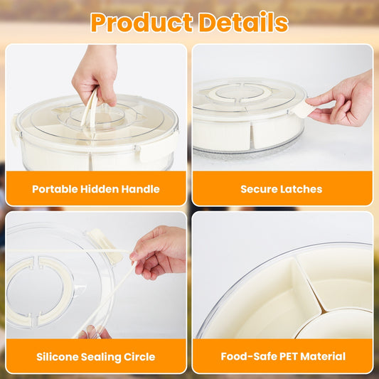 US Local 2Pcs Divided Serving Tray With Lid And Handle 360 Degree Rotatable Snack Box Container With 6 Dividers Clear Portable Snack Platters For Fruit Candy Nut Snack Perfect For Party Picnic S