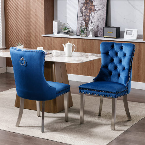 US Local High-end Tufted Solid Wood Contemporary Velvet Upholstered Dining Chair With Chrome Stainless Steel Plating Legs,Nailhead Trim,Set Of 2