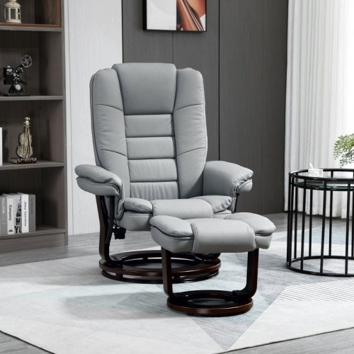 UK Local HOMCOM Recliner Chair With Footstool, Recliner Armchair Up To 130kg Weight Capacity, 135 Reclining Swivel Sofa Chair, PU Leather Ergonomic Couch Bed With Swivel Wood Base For Living Room, Grey