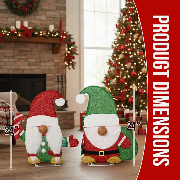 US Local Set Of 2 Lighted Gnome And Candy Cane Christmas Decorations, Pre-lit 2D Holiday Decor With 80 Warm White LED Lights For Xmas Outdoor Indoor Decor Lighted Holiday Displays