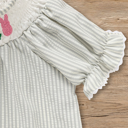 US Local Infant Baby Girls' Easter Bunny Smocked Dress Embroidered Short Sleeve Casual Summer Dress