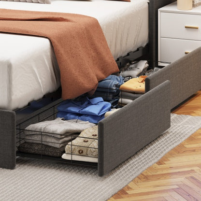 US Local Full Size Bed Frame With LED, 4 Under-bed Portable Storage Drawers, Wings Headboard Design