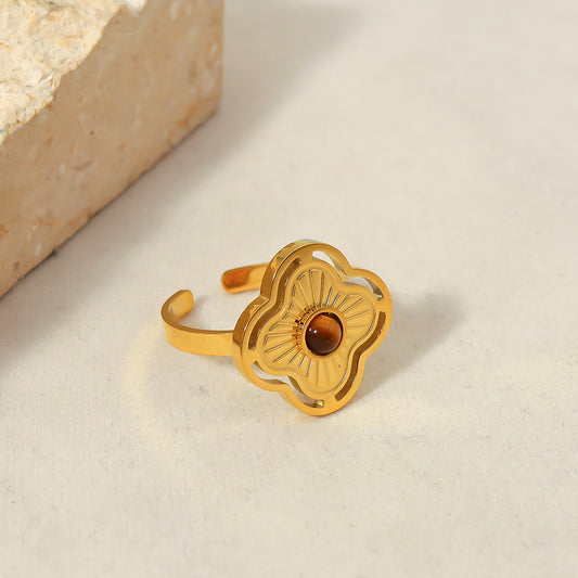 European And American Natural Stone Tiger-shaped Stone Non-fading 18K Gold Plating Simple Versatile Opening Ring