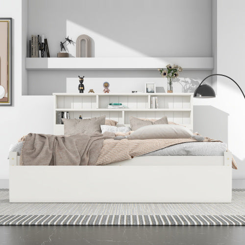 UK Local Bed With Shelves, White Wooden Storage Bed, Underbed Drawer - 4ft6 Double 135 X 190 Cm