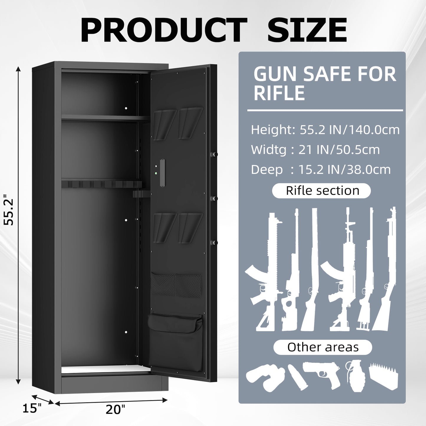 US Local Large Heavy Duty Gun Safe For Rifle And Pistol - 55.2 Firearm Security Cabinet With Electronic Lock, LED Light & Removable Shelves