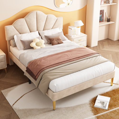 UK Local Velvet Upholstered Bed,Double Bed-4ft6 135x190cm, Shell-like Bed With Golden Iron Legs, Height-adjustable Headboard, Wooden Slatted Frame, Beige