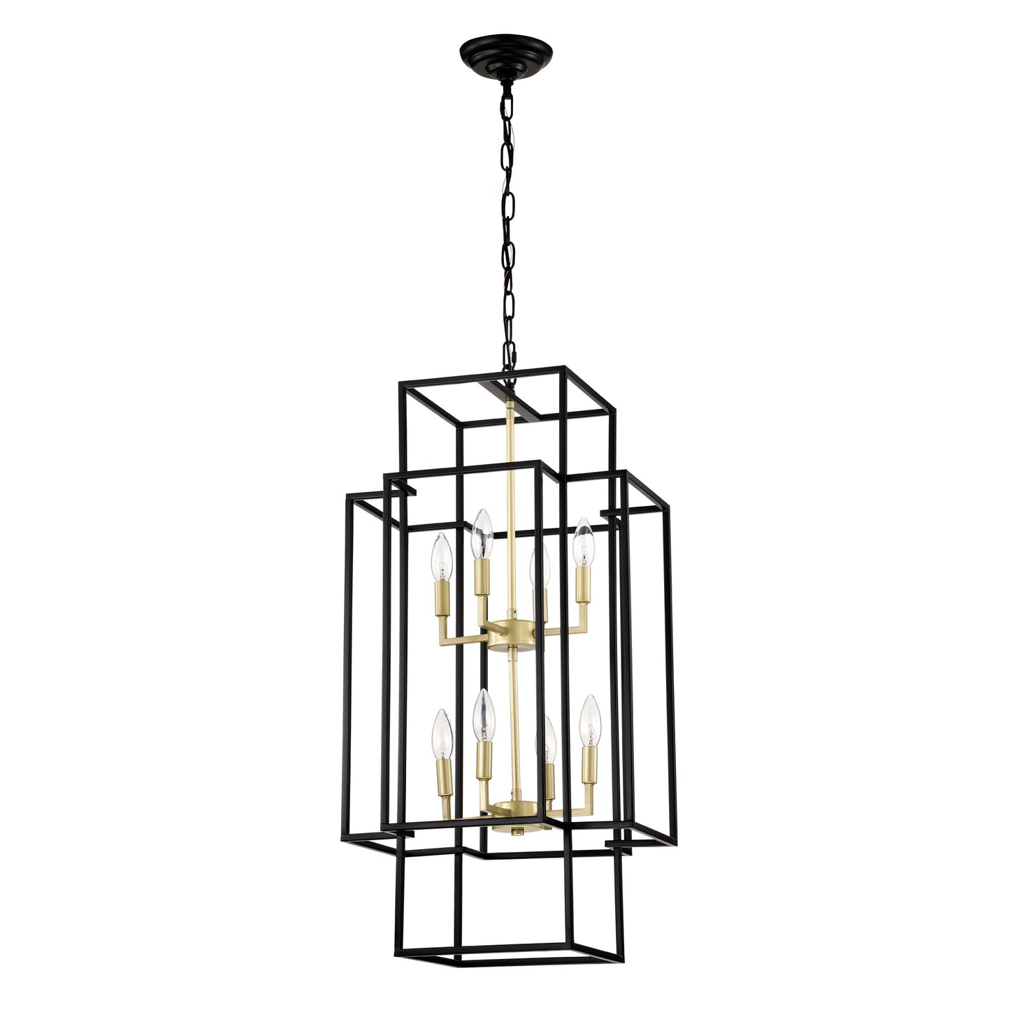 US Local 8-Light Metal Lantern Tiered Pendant Hanging Light Fixtures, Industrial Farmhouse Adjustable Height Chandeliers For Dining Room Hallway Foyer Entryway--Matte Black & Gold E12 Bulbs Not Included
