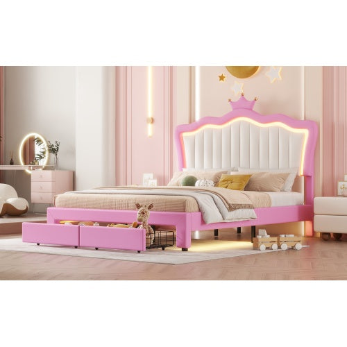 US Local Full Size Upholstered Bed Frame With LED Lights, Modern Upholstered Princess Bed With Crown Headboard, 2 Drawers