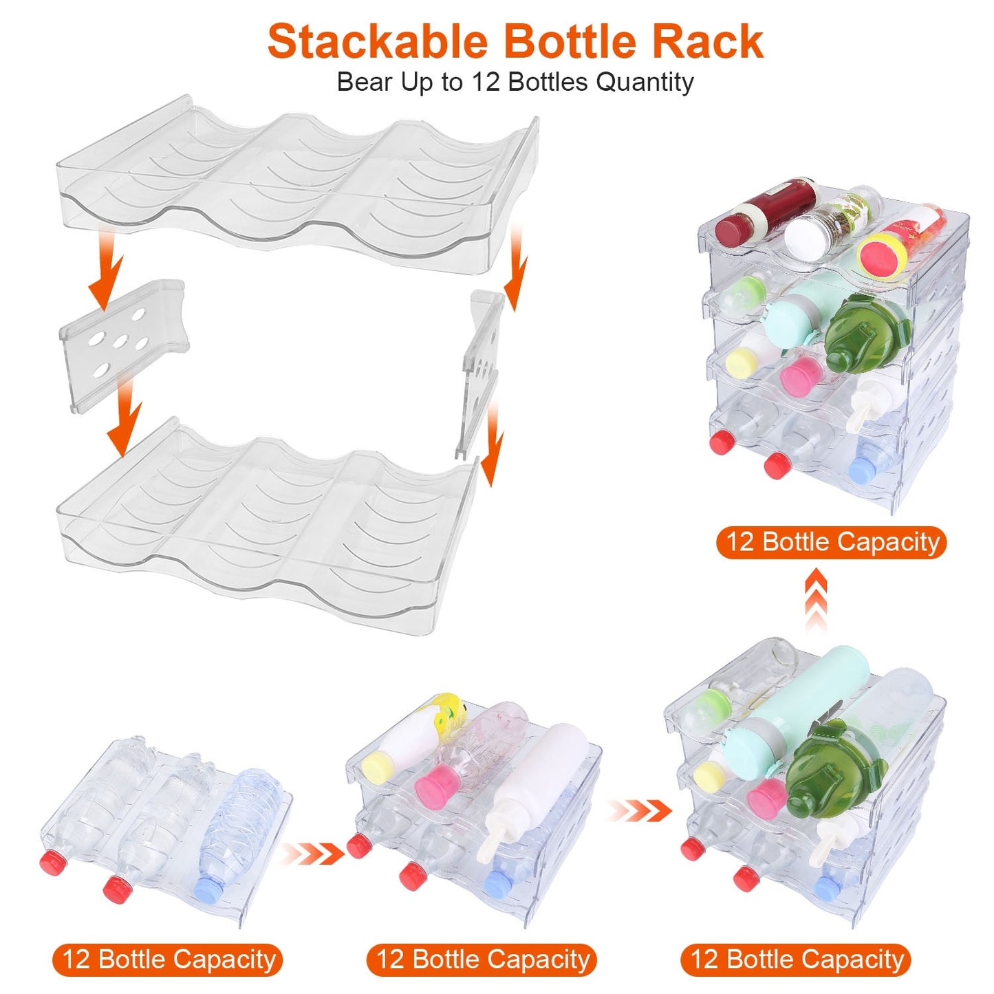 US Local 1Pc 4 Tier Bottle Storage Holder 12 Bottles Transparent Stackable Bottle Organizer Standing Drink Holder Shelf For Kitchen Fridge Cabinet Pantry