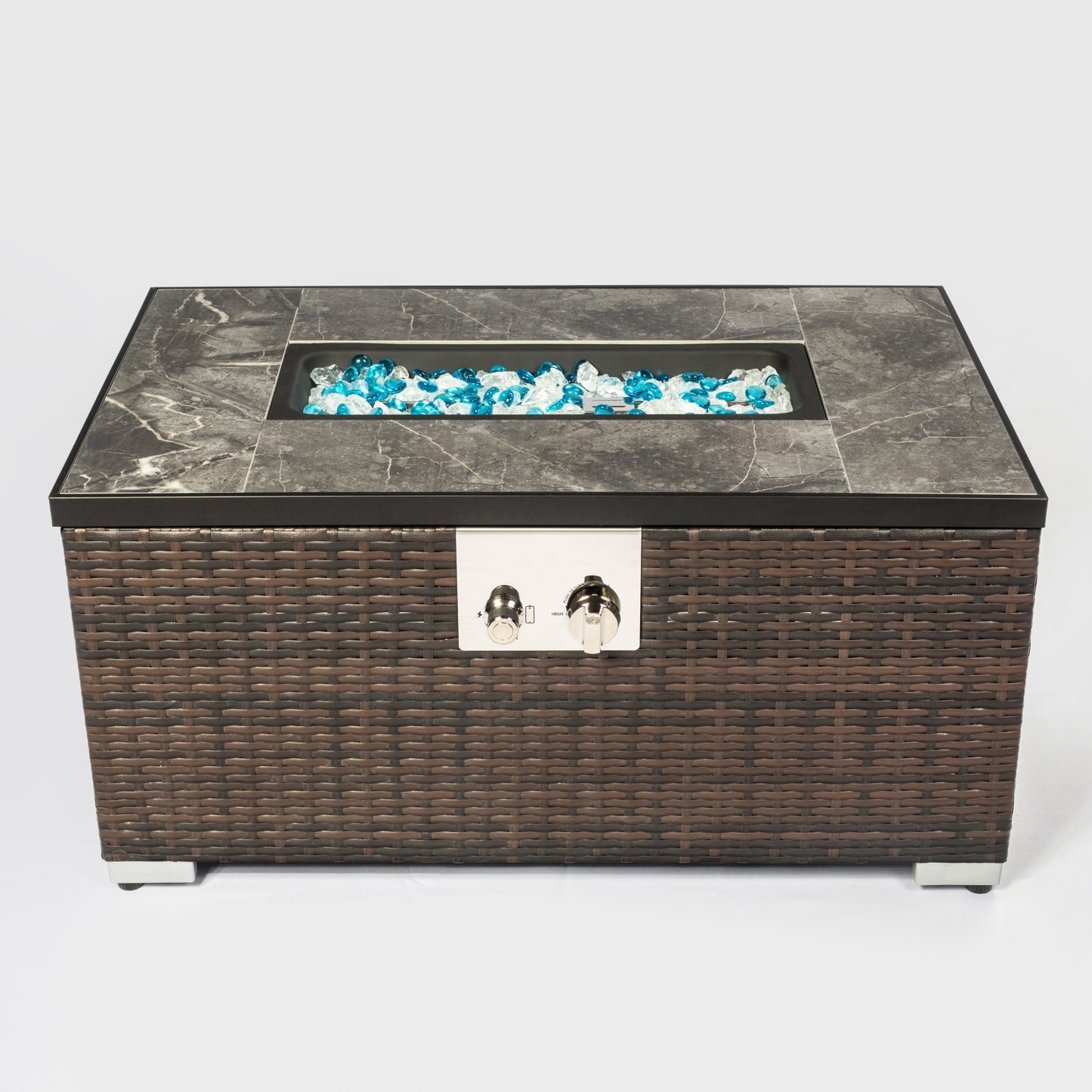 US Local Outdoor Fire Table Propane Pit Rattan With Tile Tabletop