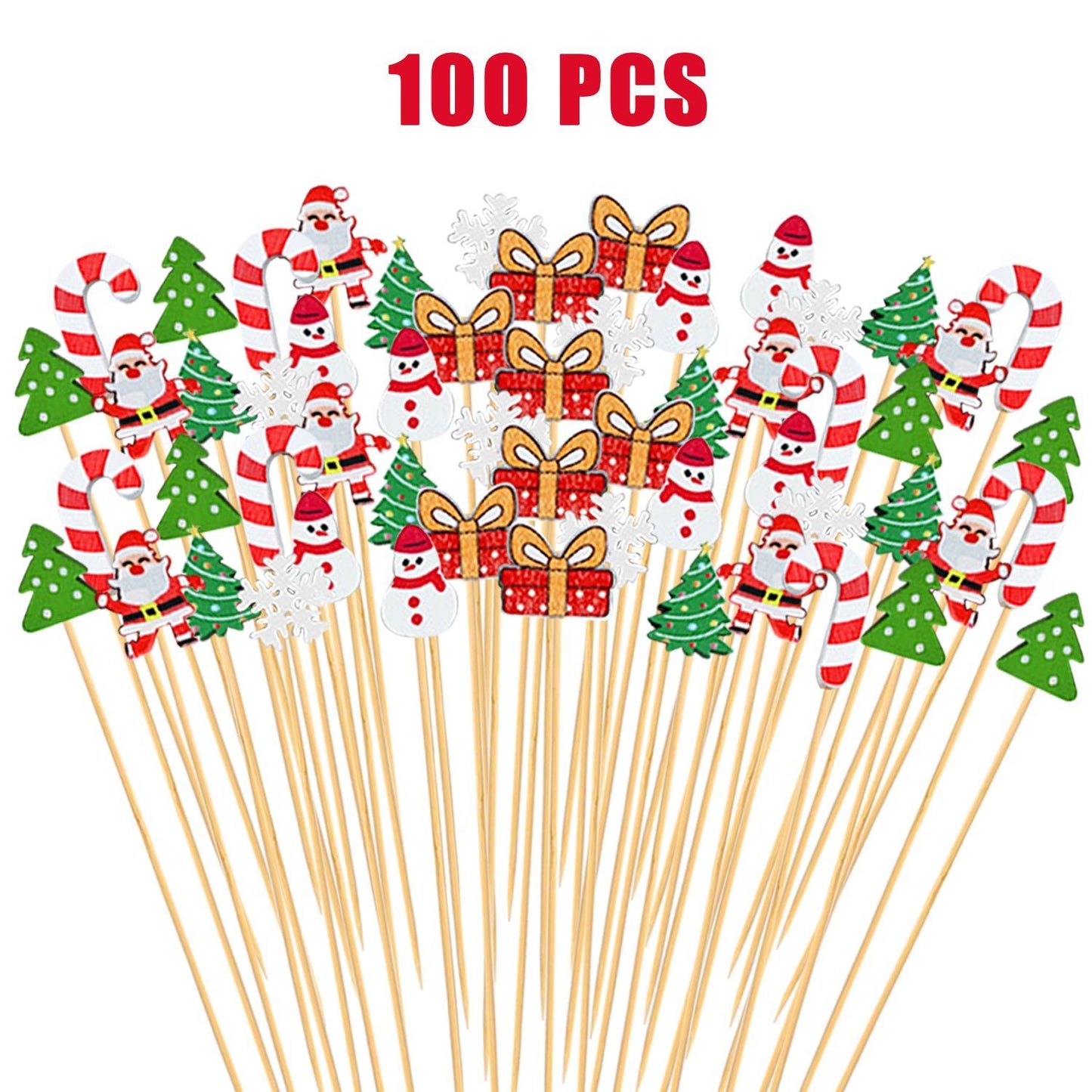 US Local Christmas Cocktail Pick Xmas Tree Snowflake Snowman Santa Claus Reindeer Pattern Sticks Cupcake Fruit Food Appetizer Skewers 4.9 In Bamboo Toothpicks For Christmas Holiday Party Favor Supplies