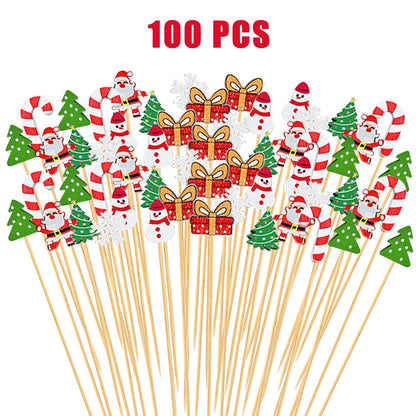 US Local Christmas Cocktail Pick Xmas Tree Snowflake Snowman Santa Claus Reindeer Pattern Sticks Cupcake Fruit Food Appetizer Skewers 4.9 In Bamboo Toothpicks For Christmas Holiday Party Favor Supplies