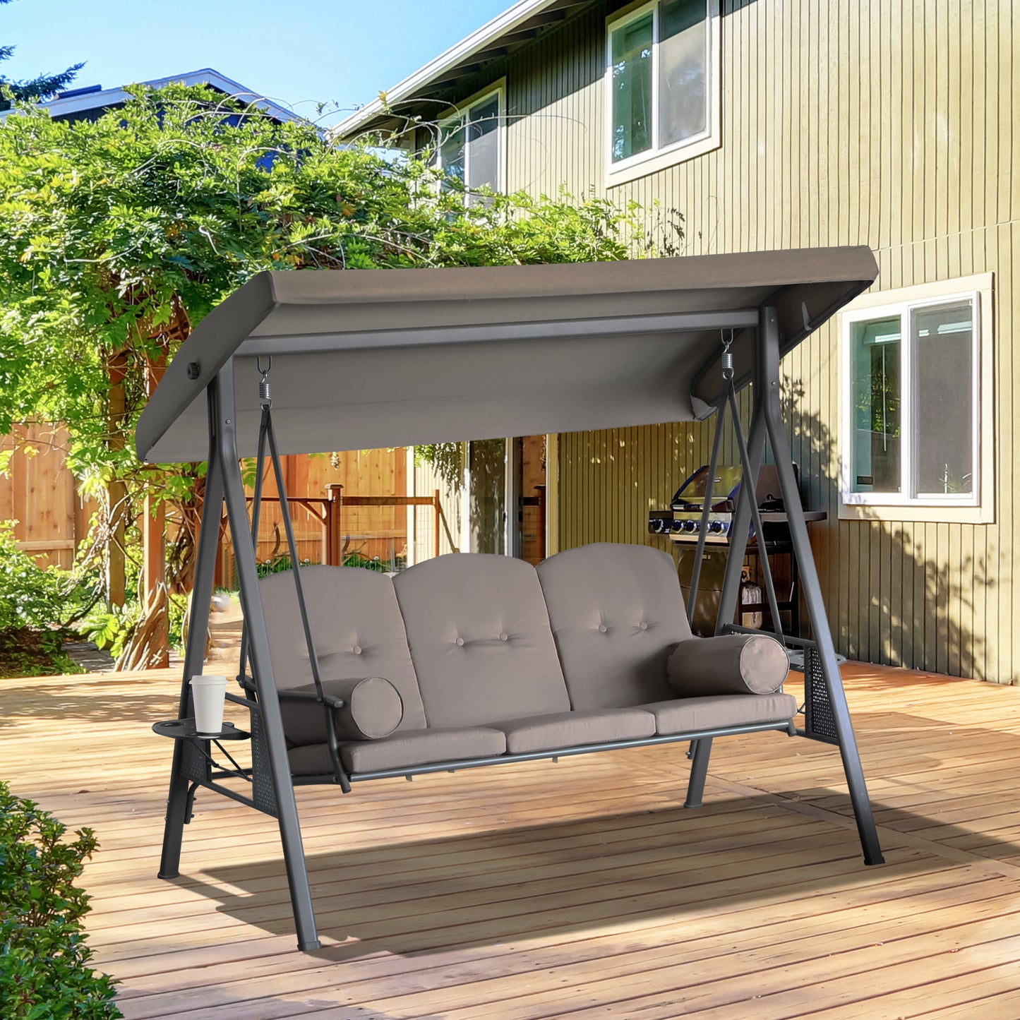 US Local Patio Swing Bench 3-Person Steel Canopy Cushioned With Side Trays Comfortable Brown