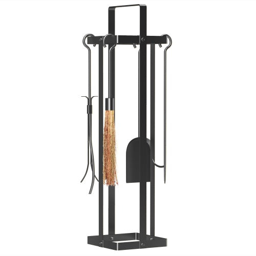 US Local Outsunny Fireplace Tools Set Indoor Outdoor 5 Piece Heavy Duty Metal Fireplace Accessories Set With Brush Broom, Poker, Shovel, Tongs And Stand For Chimney, Black  On-Site