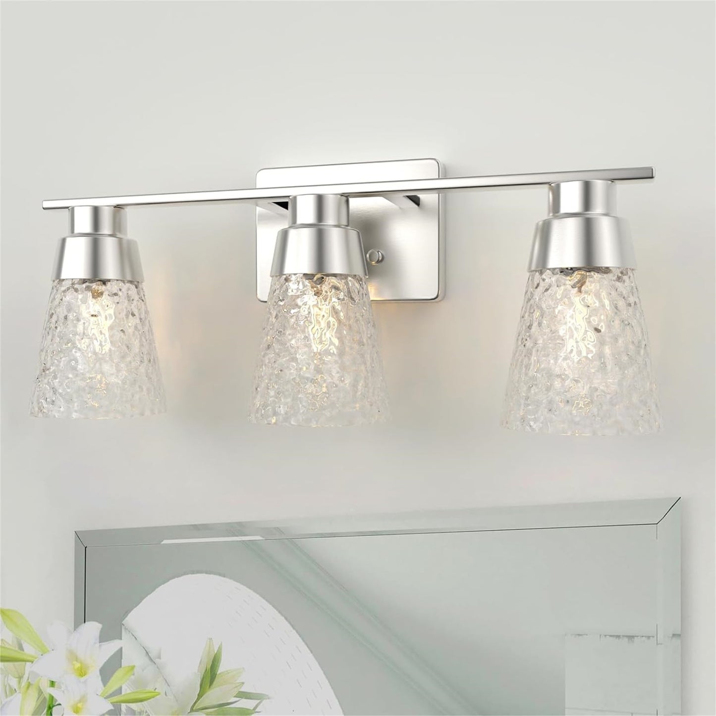 US Local 3 Light Brushed Nickel Bathroom Vanity Light Fixtures With Clear Hammered Glass Shade, 22 Inch Bathroom Lighting Fixtures Over Mirror, For Bathroom Shower Toilet