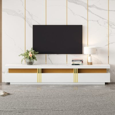 UK Local Luxury TV Stand With Faux Marble Top, TV Cabinet Golden Panel Design, And 3 Drawers For Televisions Up To 89'', Rectangle Media Console, Practical Entertainment Center For Living Room, White